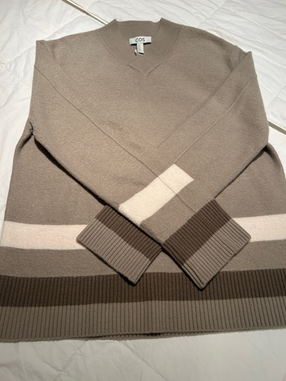COS Women’s Taupe and Cream Striped Wool Sweater